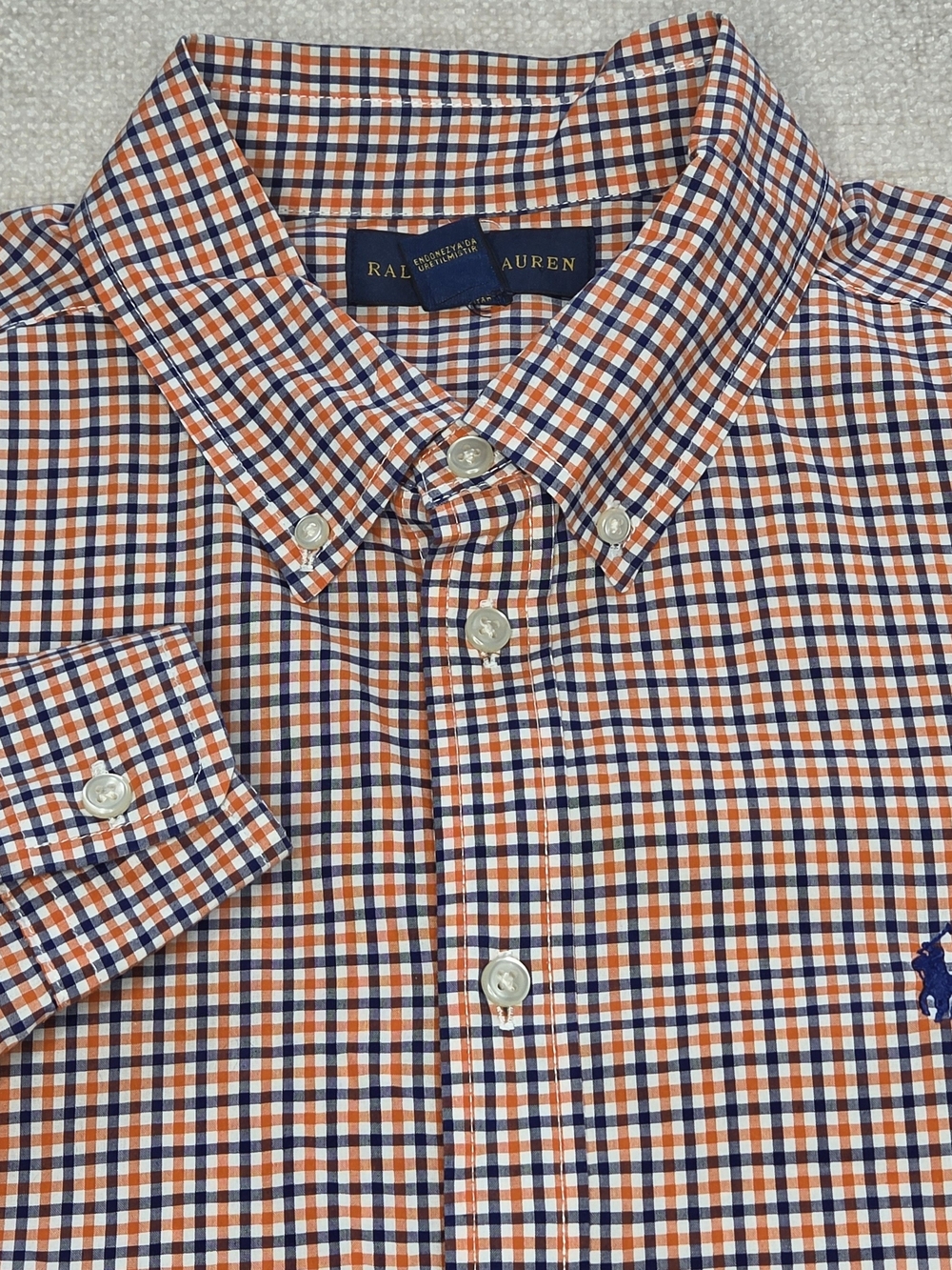 Ralph Lauren Men's XL Button Down Shirt Orange Navy Check Long Sleeve Pony Logo